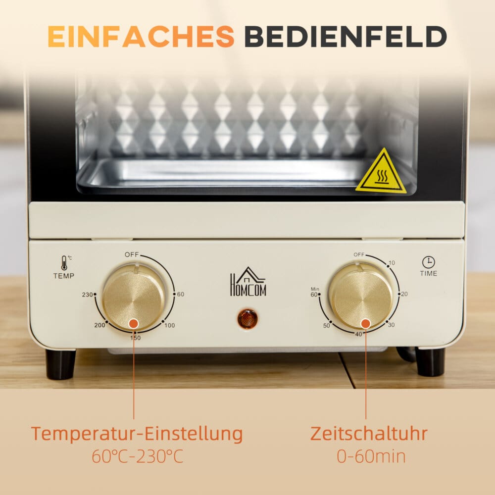 Ein cremeweisser Minibackofen und Umluftofen mit 15 Litern Fassungsvermögen und Temperaturbereich 60-230 Grad Celsius.