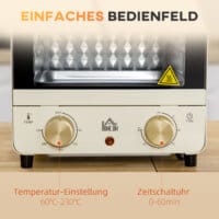 Ein cremeweisser Minibackofen und Umluftofen mit 15 Litern Fassungsvermögen und Temperaturbereich 60-230 Grad Celsius.