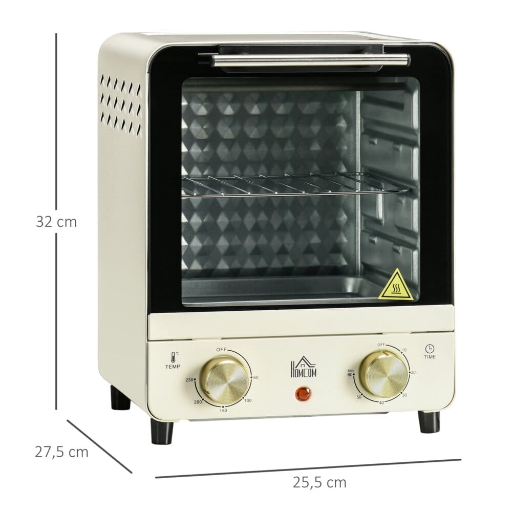 Ein cremeweisser Minibackofen und Umluftofen mit 15 Litern Fassungsvermögen und Temperaturbereich 60-230 Grad Celsius.