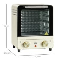 Ein cremeweisser Minibackofen und Umluftofen mit 15 Litern Fassungsvermögen und Temperaturbereich 60-230 Grad Celsius.