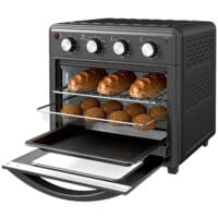 Ein schwarzer Minibackofen und Umluftofen mit 30 Litern Fassungsvermögen, Heissluftfunktion und Temperaturbereich 90-230 Grad Celsius.