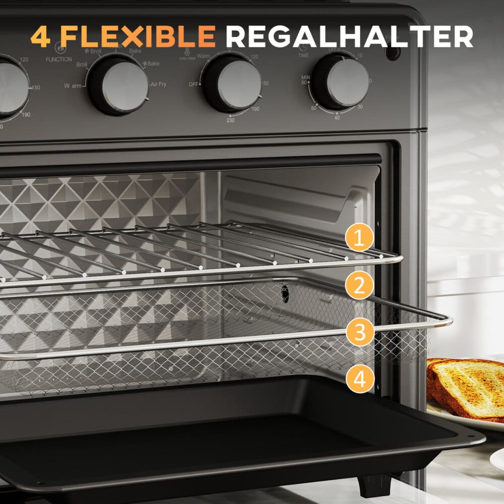 Ein schwarzer Minibackofen und Umluftofen mit 30 Litern Fassungsvermögen, Heissluftfunktion und Temperaturbereich 90-230 Grad Celsius.