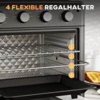 Ein schwarzer Minibackofen und Umluftofen mit 30 Litern Fassungsvermögen, Heissluftfunktion und Temperaturbereich 90-230 Grad Celsius.