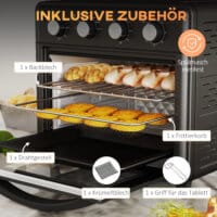 Ein schwarzer Minibackofen und Umluftofen mit 30 Litern Fassungsvermögen, Heissluftfunktion und Temperaturbereich 90-230 Grad Celsius.