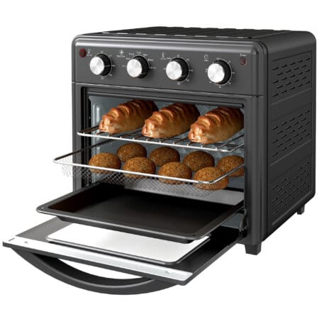 Ein schwarzer Minibackofen und Umluftofen mit 30 Litern Fassungsvermögen, Heissluftfunktion und Temperaturbereich 90-230 Grad Celsius.