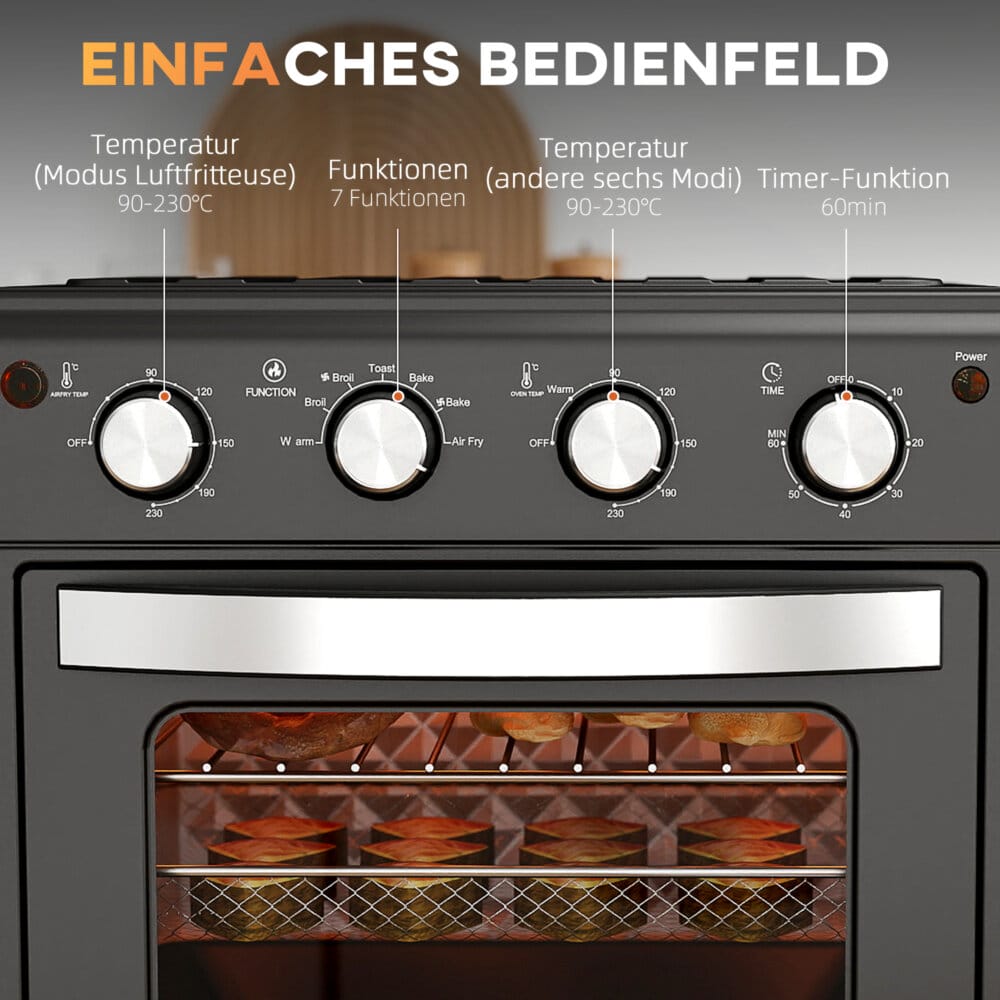 Ein schwarzer Minibackofen und Umluftofen mit 30 Litern Fassungsvermögen, Heissluftfunktion und Temperaturbereich 90-230 Grad Celsius.