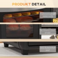 Ein schwarzer Minibackofen und Umluftofen mit 30 Litern Fassungsvermögen, Heissluftfunktion und Temperaturbereich 90-230 Grad Celsius.