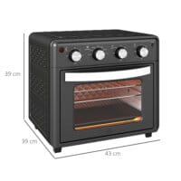 Ein schwarzer Minibackofen und Umluftofen mit 30 Litern Fassungsvermögen, Heissluftfunktion und Temperaturbereich 90-230 Grad Celsius.
