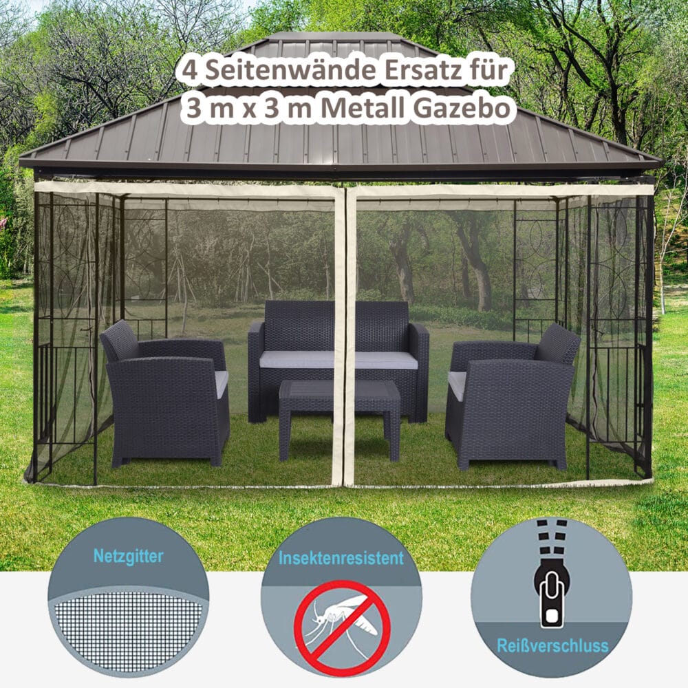 Schwarzes Moskitonetz mit 4 Seitenteilen für 3x4m Pavillon.