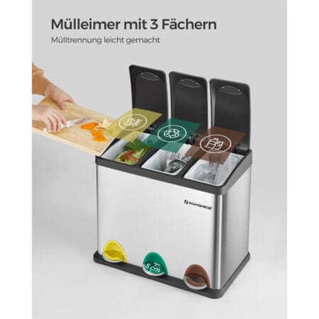 Mülleimer mit drei Fächern und drei Pedalen, ideal für Mülltrennung.