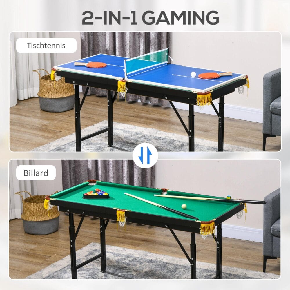 2-in-1 Multigame Spieletisch für Tischtennis und Billard, idealer Spieltisch für Kinder und Erwachsene.