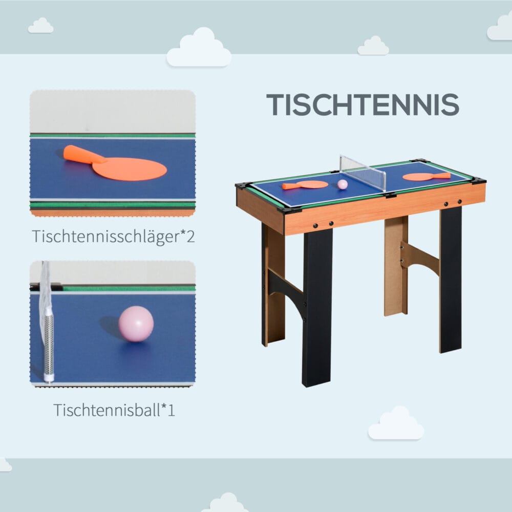 4-in-1 Multispieltisch mit Tischfußball, Tischhockey, Tischtennis und Billard, ideal für Spielspaß.