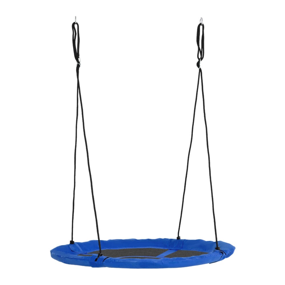 Blaue runde Nestschaukel mit einem Durchmesser von 110cm, verstellbar und bis 150kg belastbar. Sie bietet Platz für mehrere Kinder und lädt zum Schaukeln und Entspannen ein.