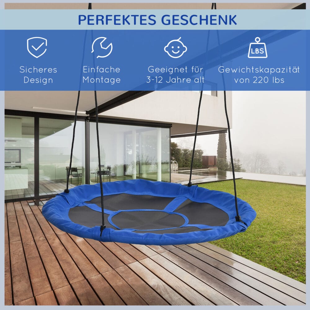 Blaue runde Nestschaukel mit einem Durchmesser von 110cm, verstellbar und bis 150kg belastbar. Sie bietet Platz für mehrere Kinder und lädt zum Schaukeln und Entspannen ein.