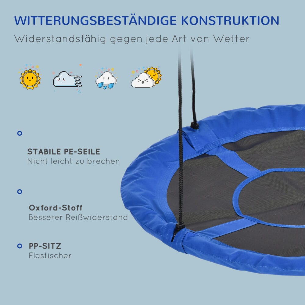 Blaue runde Nestschaukel mit einem Durchmesser von 110cm, verstellbar und bis 150kg belastbar. Sie bietet Platz für mehrere Kinder und lädt zum Schaukeln und Entspannen ein.