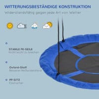 Blaue runde Nestschaukel mit einem Durchmesser von 110cm, verstellbar und bis 150kg belastbar. Sie bietet Platz für mehrere Kinder und lädt zum Schaukeln und Entspannen ein.