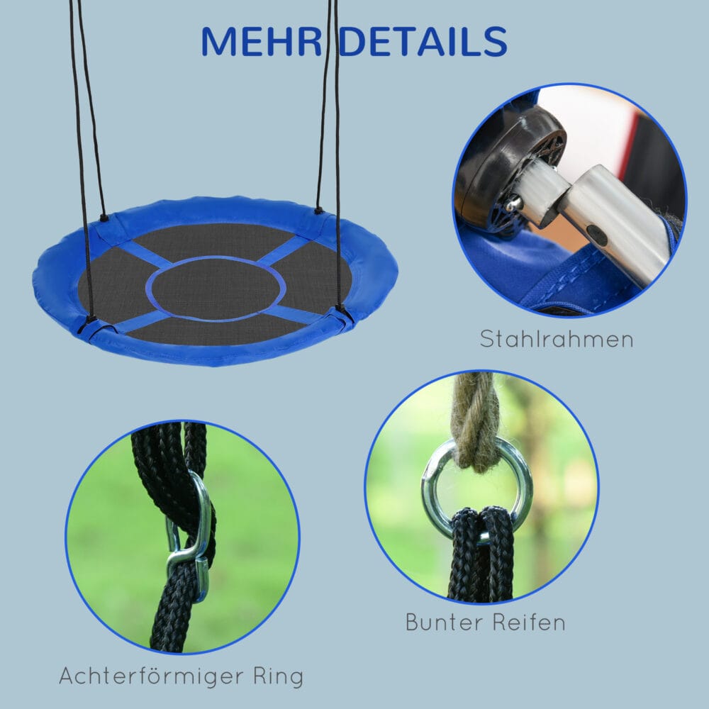 Blaue runde Nestschaukel mit einem Durchmesser von 110cm, verstellbar und bis 150kg belastbar. Sie bietet Platz für mehrere Kinder und lädt zum Schaukeln und Entspannen ein.