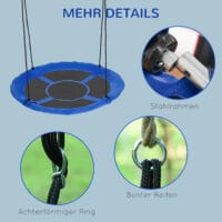 Blaue runde Nestschaukel mit einem Durchmesser von 110cm, verstellbar und bis 150kg belastbar. Sie bietet Platz für mehrere Kinder und lädt zum Schaukeln und Entspannen ein.