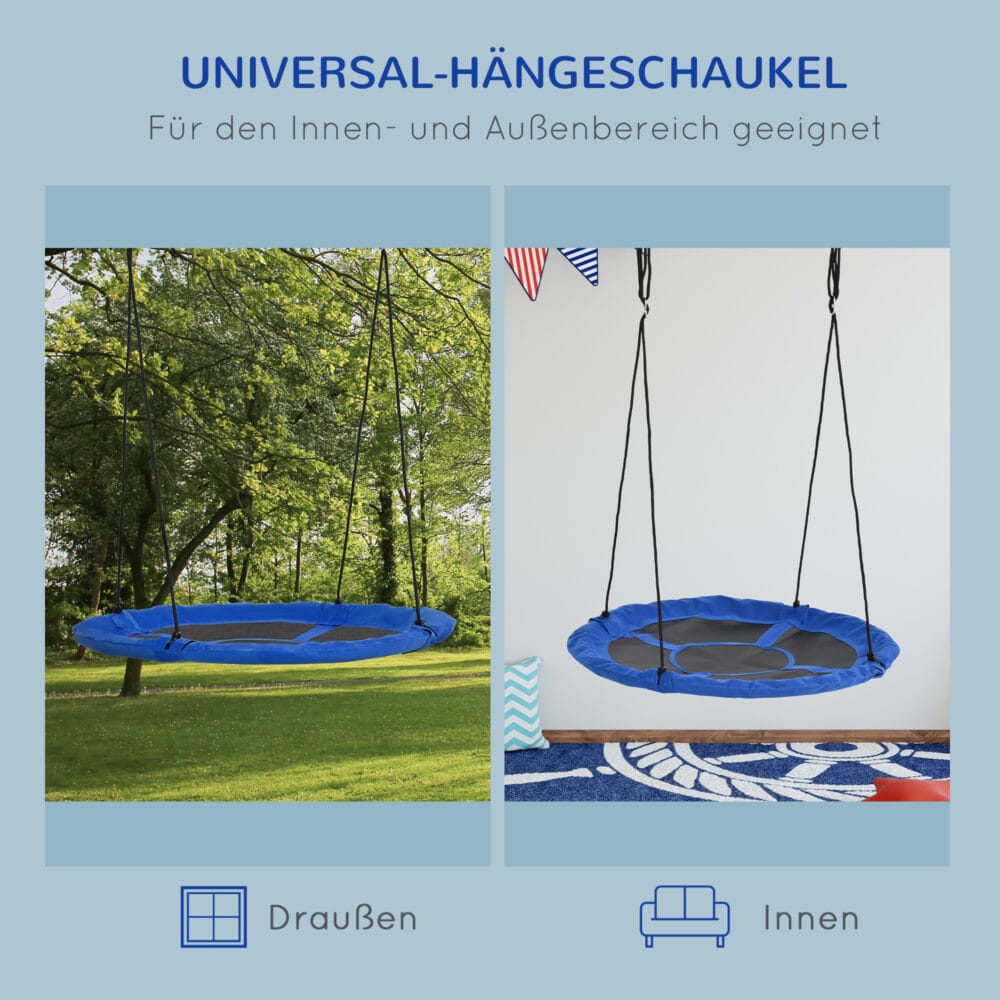 Blaue runde Nestschaukel mit einem Durchmesser von 110cm, verstellbar und bis 150kg belastbar. Sie bietet Platz für mehrere Kinder und lädt zum Schaukeln und Entspannen ein.