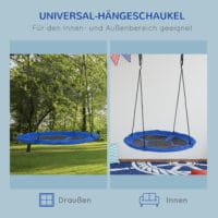 Blaue runde Nestschaukel mit einem Durchmesser von 110cm, verstellbar und bis 150kg belastbar. Sie bietet Platz für mehrere Kinder und lädt zum Schaukeln und Entspannen ein.