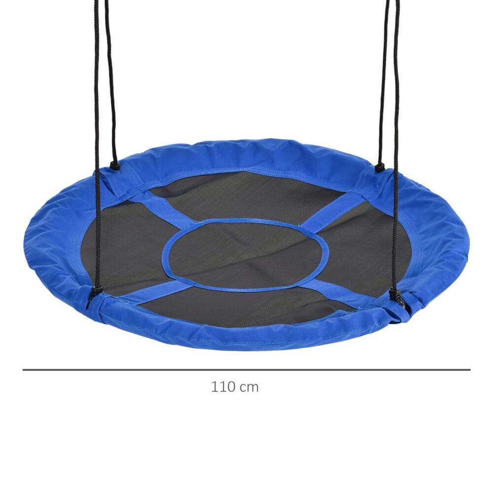 Blaue runde Nestschaukel mit einem Durchmesser von 110cm, verstellbar und bis 150kg belastbar. Sie bietet Platz für mehrere Kinder und lädt zum Schaukeln und Entspannen ein.