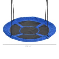 Blaue runde Nestschaukel mit einem Durchmesser von 110cm, verstellbar und bis 150kg belastbar. Sie bietet Platz für mehrere Kinder und lädt zum Schaukeln und Entspannen ein.