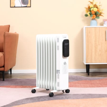Ein tragbarer Ölradiator und Ölheizung in Weiss mit 2180W Leistung und Timer.