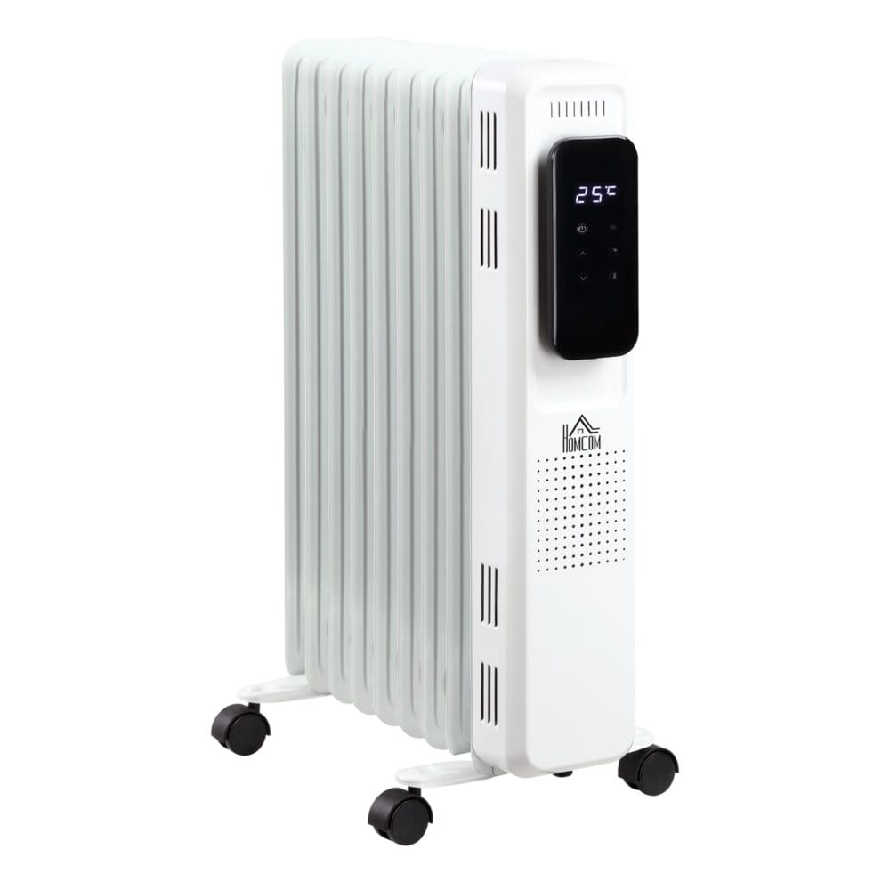 Ein tragbarer Ölradiator und Ölheizung in Weiss mit 2180W Leistung und Timer.
