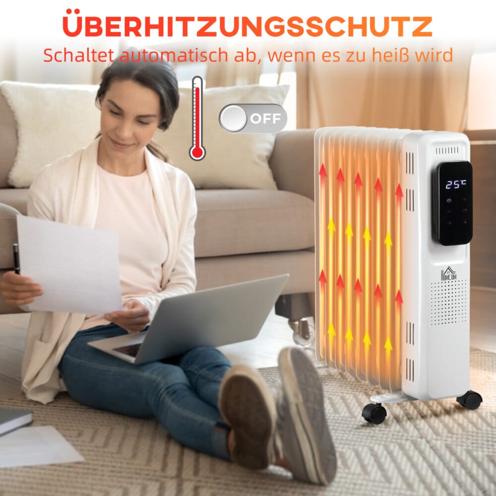 Ein tragbarer Ölradiator und Ölheizung in Weiss mit 2180W Leistung und Timer.