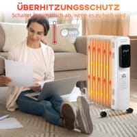 Ein tragbarer Ölradiator und Ölheizung in Weiss mit 2180W Leistung und Timer.