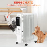 Ein tragbarer Ölradiator und Ölheizung in Weiss mit 2180W Leistung und Timer.