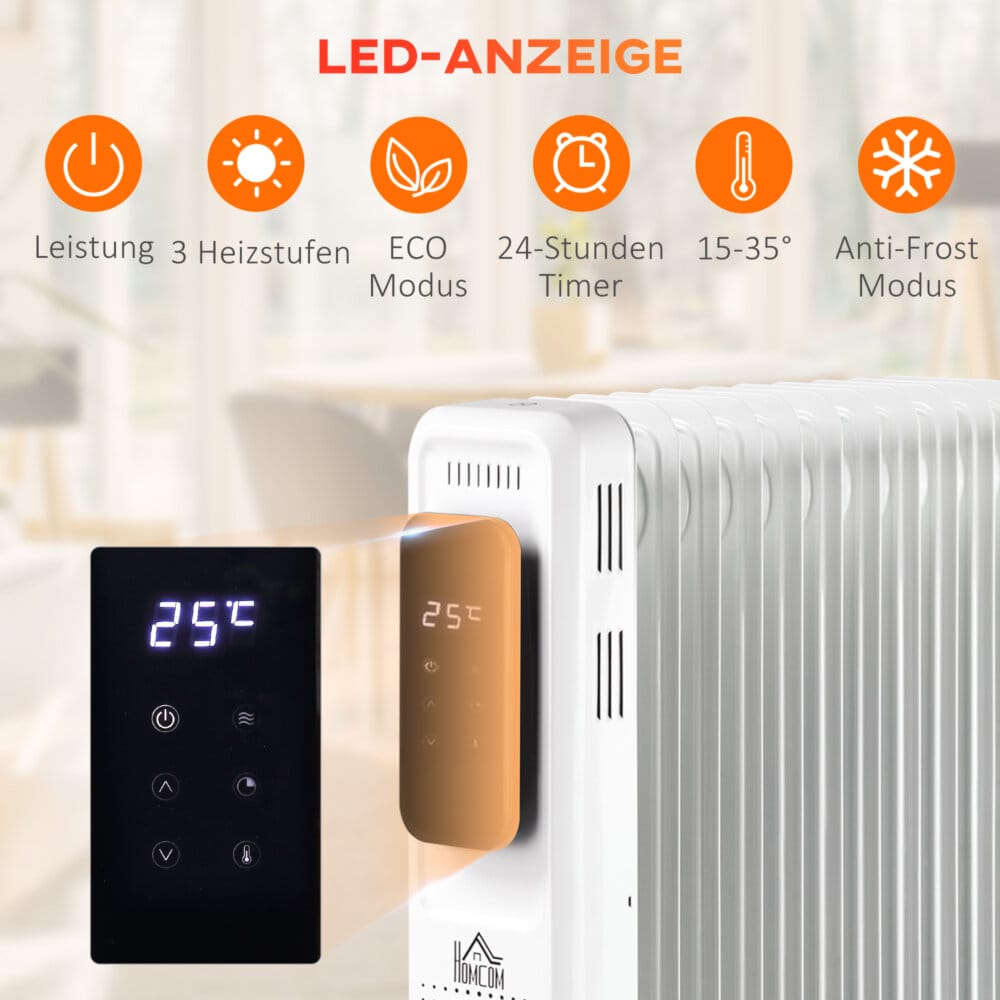 Ein tragbarer Ölradiator und Ölheizung in Weiss mit 2180W Leistung und Timer.