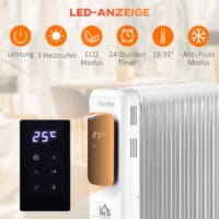 Ein tragbarer Ölradiator und Ölheizung in Weiss mit 2180W Leistung und Timer.