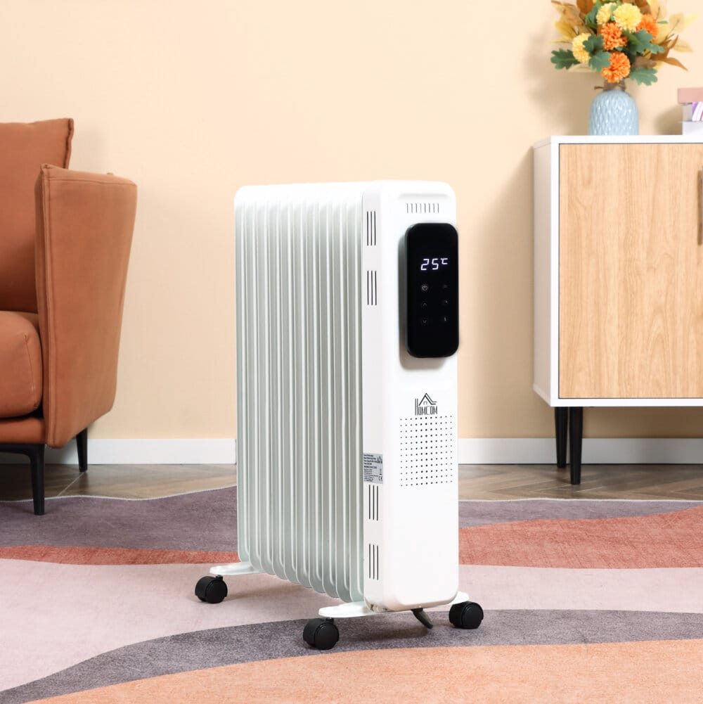 Ein tragbarer Ölradiator und Ölheizung in Weiss mit 2720W Leistung und Timer.