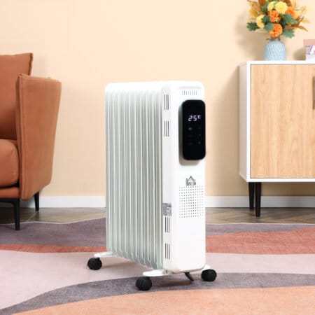 Ein tragbarer Ölradiator und Ölheizung in Weiss mit 2720W Leistung und Timer.