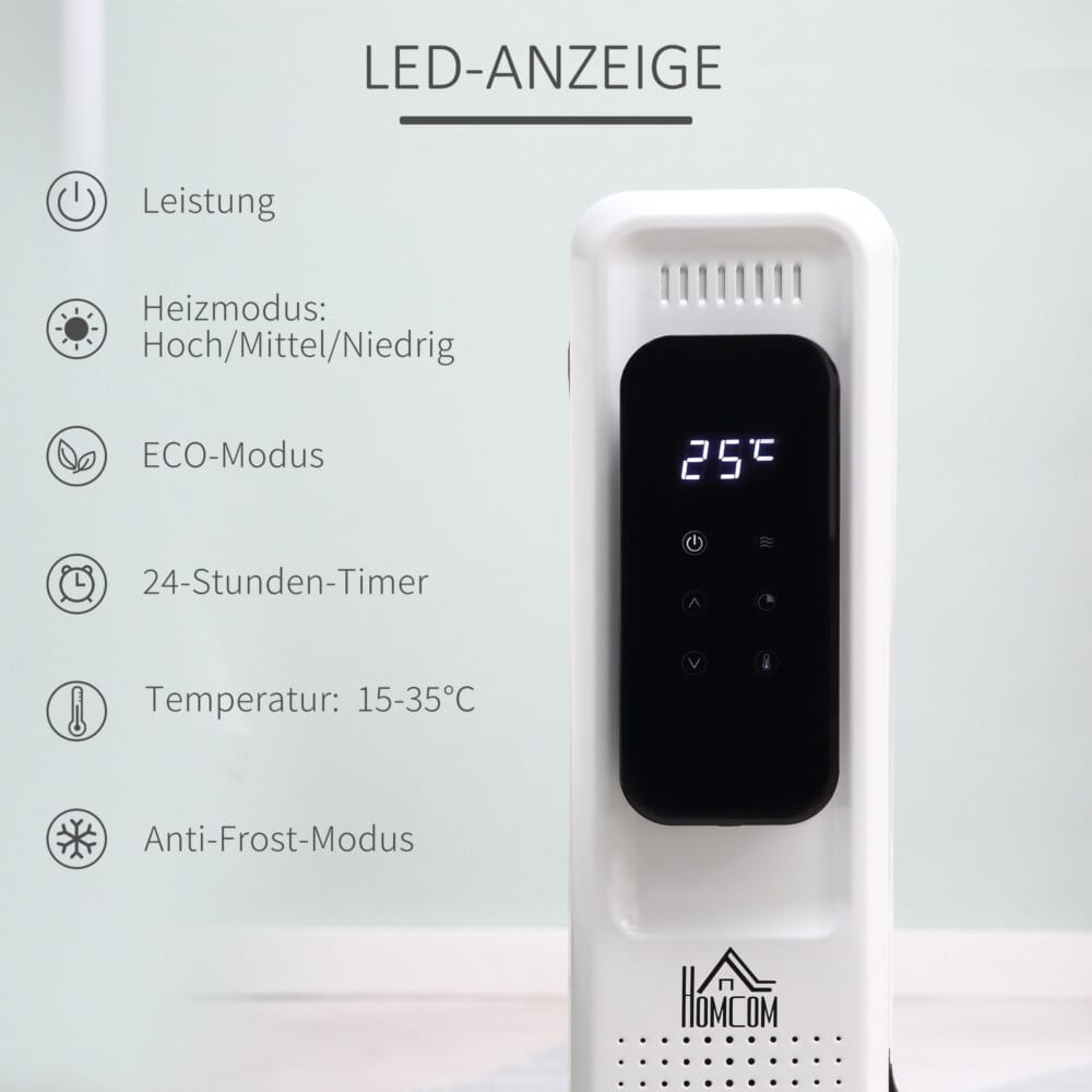 Ein tragbarer Ölradiator und Ölheizung in Weiss mit 2720W Leistung und Timer.