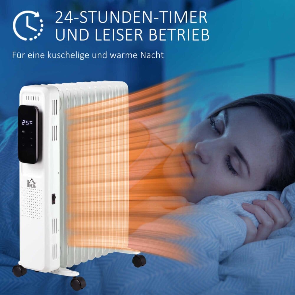 Ein tragbarer Ölradiator und Ölheizung in Weiss mit 2720W Leistung und Timer.