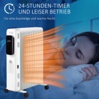 Ein tragbarer Ölradiator und Ölheizung in Weiss mit 2720W Leistung und Timer.