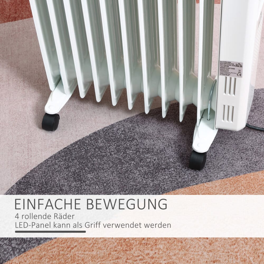 Ein tragbarer Ölradiator und Ölheizung in Weiss mit 2720W Leistung und Timer.