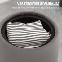 Eine dunkelgraue Ottomane mit Stauraum und 2-in-1 Design in Samtoptik.