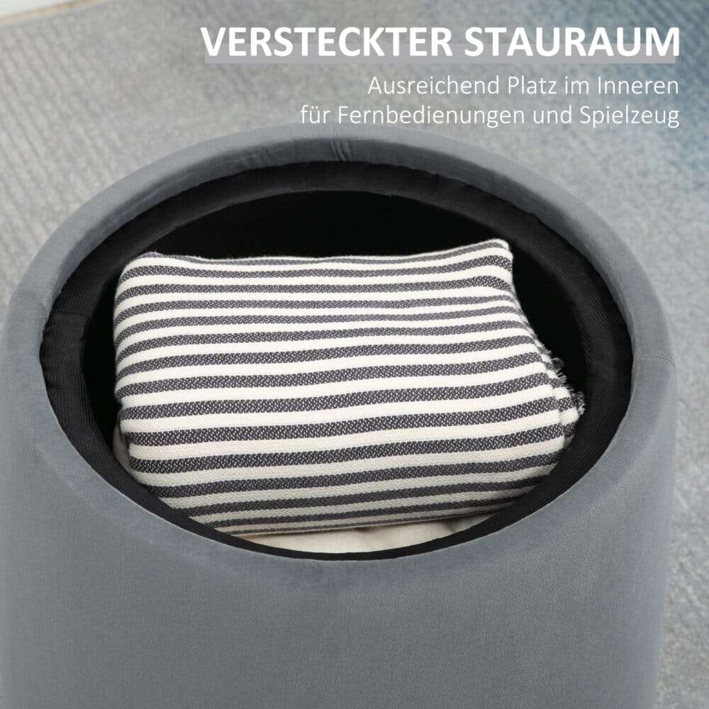 Eine runde graue Ottomane mit Stauraum und 2-in-1 Funktion.