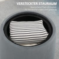 Eine runde graue Ottomane mit Stauraum und 2-in-1 Funktion.