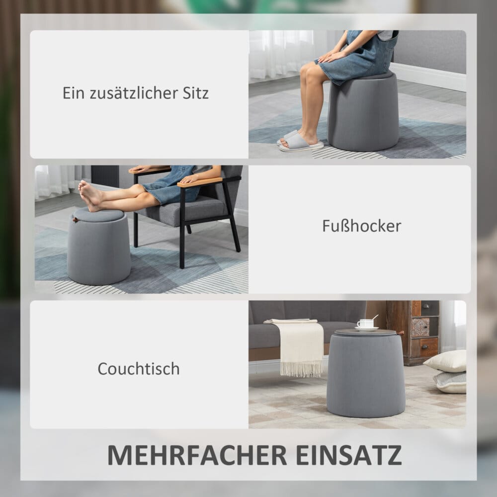 Eine runde graue Ottomane mit Stauraum und 2-in-1 Funktion.
