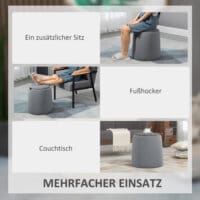 Eine runde graue Ottomane mit Stauraum und 2-in-1 Funktion.
