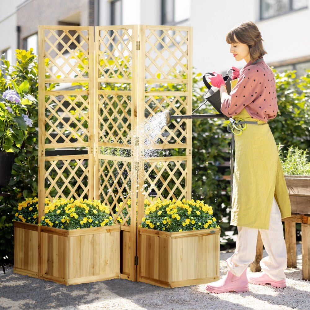 Paravent 3-teilig, wetterfest mit integrierten Blumenkästen für Balkon, Natur.