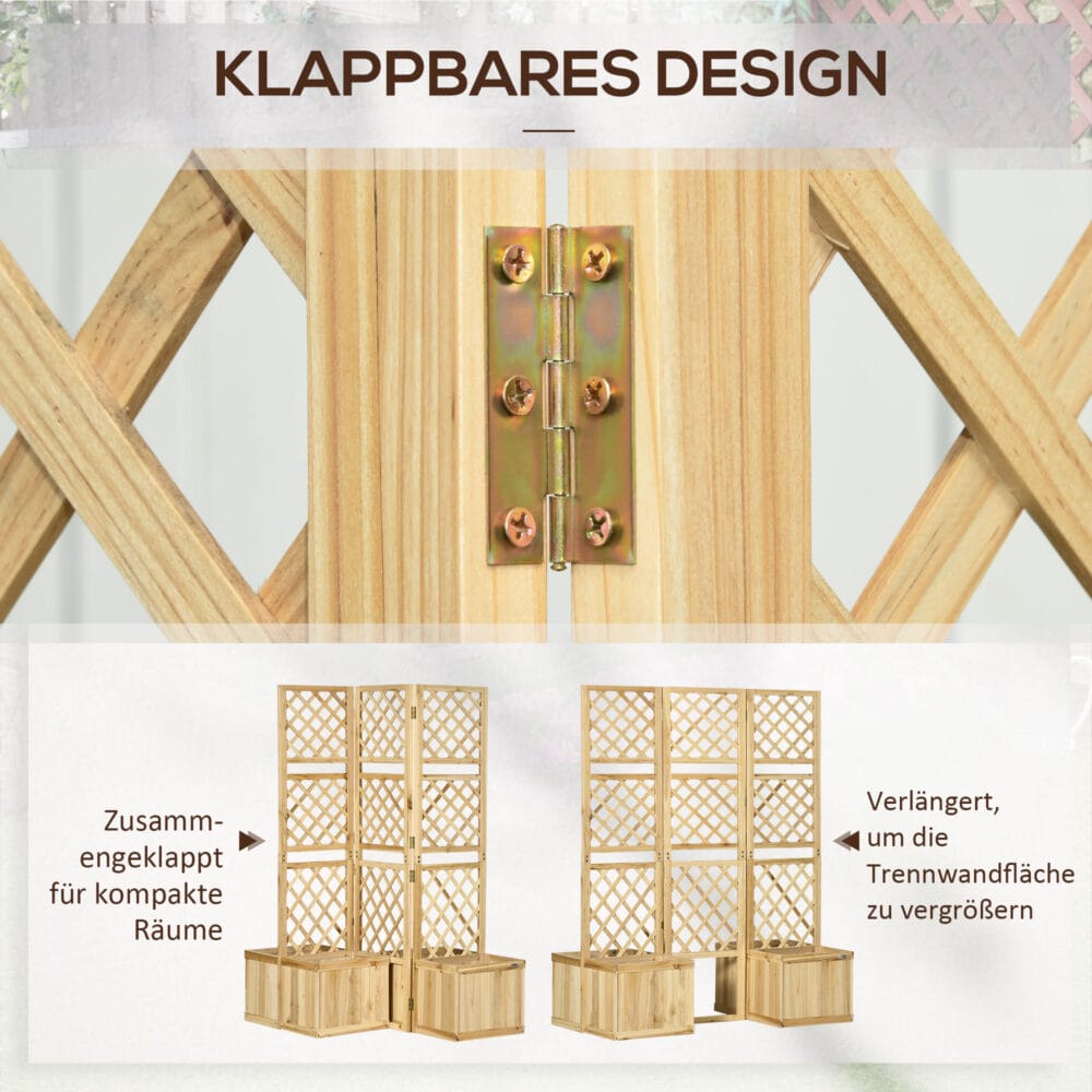 Paravent 3-teilig, wetterfest mit integrierten Blumenkästen für Balkon, Natur.