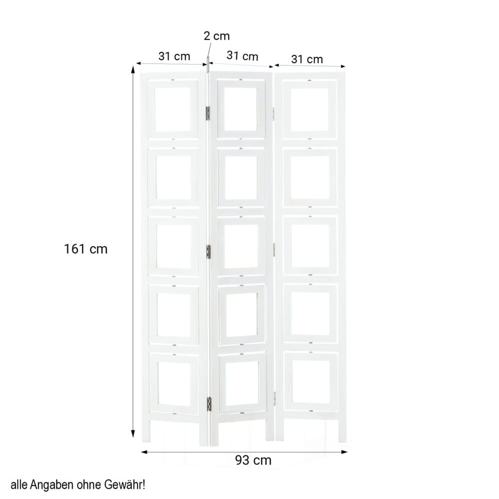 Paravent Raumteiler 3 teilig aus Holz mit 15 Bilderrahmen Weiss