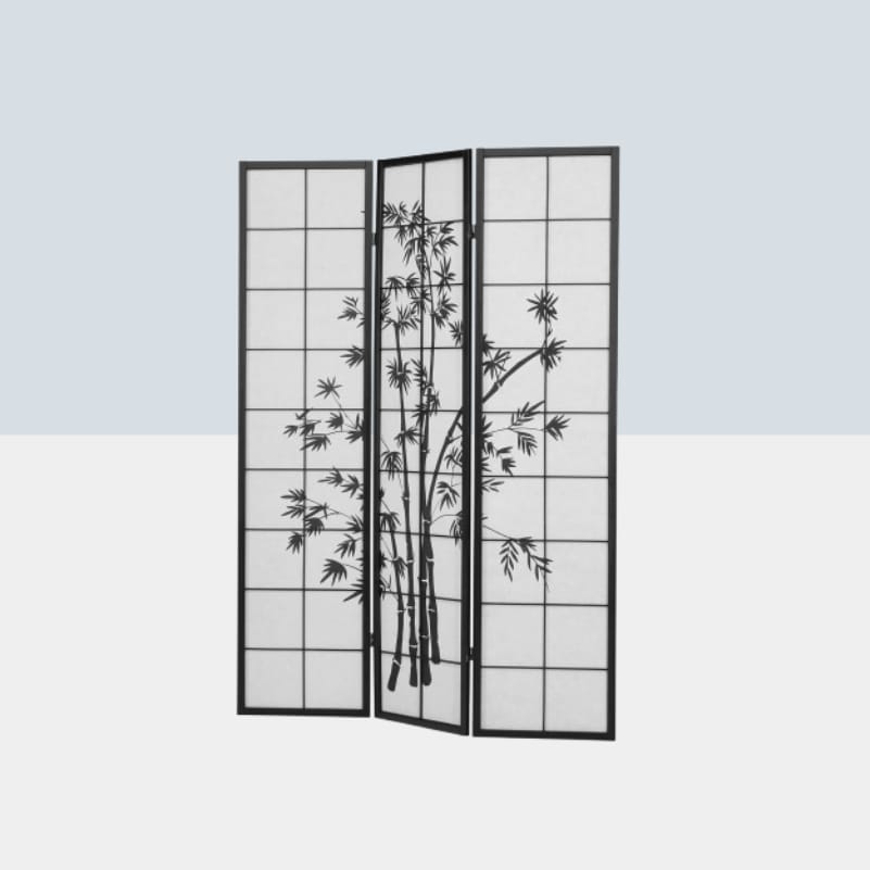 Faltbarer Paravent mit mehreren Paneelen, dekoratives Design, ideal als Raumteiler oder Sichtschutz in Wohnräumen.