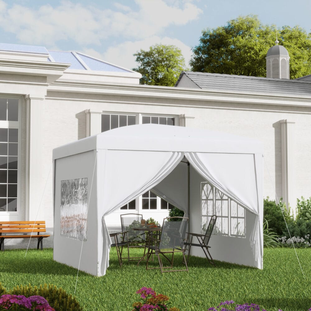 Weißer Pavillon 3x3m mit UV-Schutz, Seitenwänden & Fenstern.