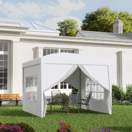 Weißer Pavillon 3x3m mit UV-Schutz, Seitenwänden & Fenstern.